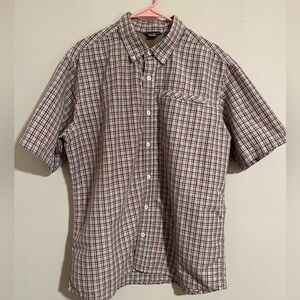 Men’s Large Eddie Bauer Gray, Burnt Orange and White Plaid Short Sleeve Shirt